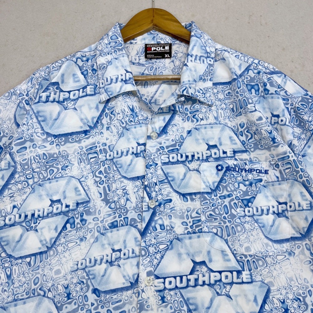 Vintage Southpole‎ Shirt XL (Fits 2XL) Short Sleeve Button Down Blue White Y2K